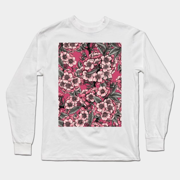 Cherry blossom on pink Long Sleeve T-Shirt by katerinamk